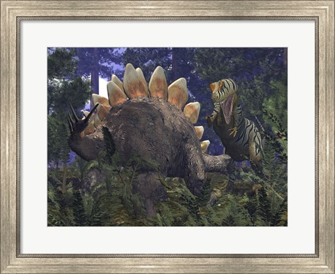Framed Allosaurus Stumbles upon a Grazing Stegosaurus Print