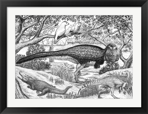 Framed Black ink Drawing of Extinct Animals From the Hell Creek Formation Print