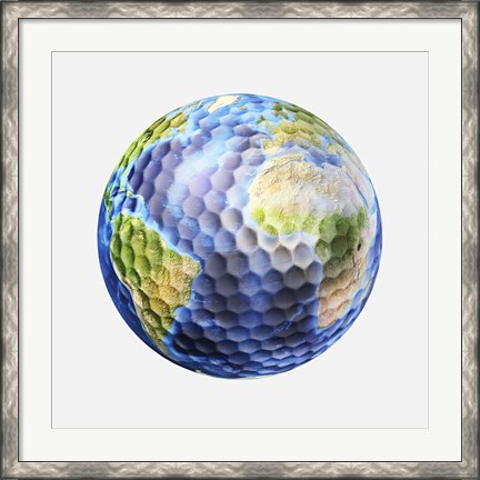 Framed 3D rendering of a planet Earth Golf Ball, White Background Print