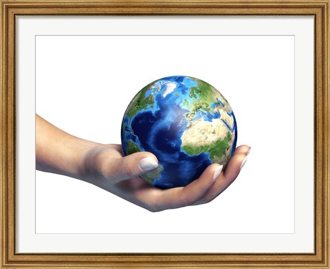 Framed Human Hand Holding Planet Earth Print