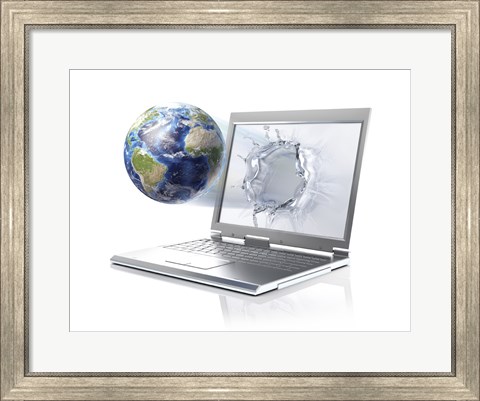 Framed Planet Earth Globe Coming Out From a Laptop Computer Print