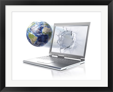 Framed Planet Earth Globe Coming Out From a Laptop Computer Print