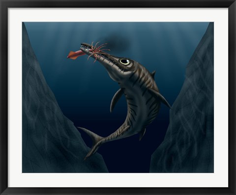 Framed Ophthalmosaurus Catches a Squid in the Deep Sea Print