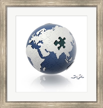 Framed Earth Globe with Puzzle Pattern and one Piece on the Floor Print