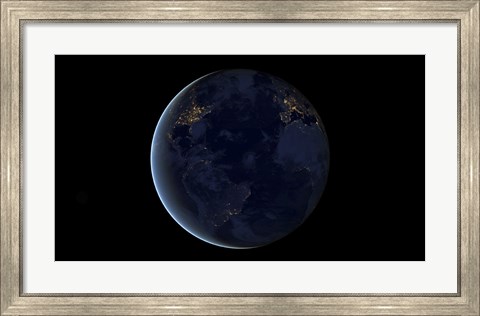 Framed Digital Composite of Earth&#39;s City Lights at Night, Centered over the Atlantic Ocean Print