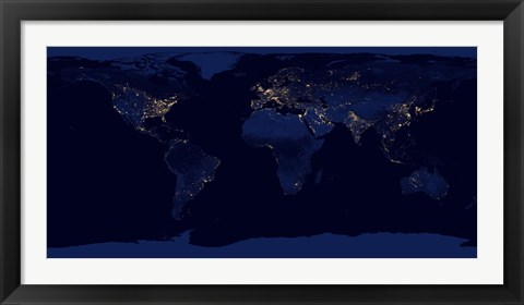 Framed Flat Map of Earth Showing City Lights of the World at Night Print