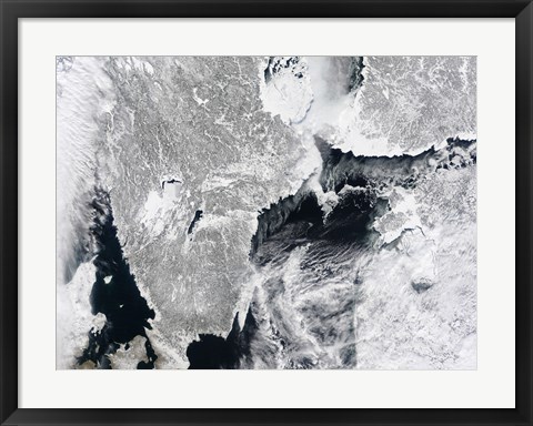Framed Sea ice lines the Coasts of Sweden and Finland in this Satellite View Print