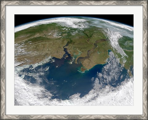 Framed Satellite View of the Ob and Yenisei rivers as They carry Sediments into the Kara Sea Print