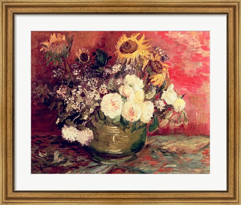 Framed Sunflowers, Roses and other Flowers in a Bowl, 1886 Print