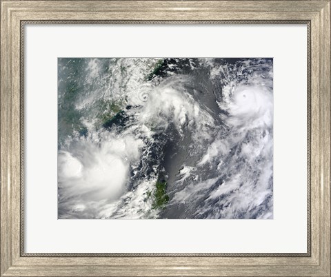Framed Three Strong Storms Churn in the Pacific Ocean Basin off the Asian coast Print