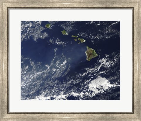 Framed Satellite View of Volcanic Fog from Kilauea Volcano Swirling around the Hawaiian Islands Print