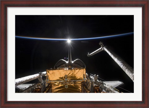 Framed Space Shuttle Atlantis&#39; Payload Bay Backdropped by a Blue and White Earth Print