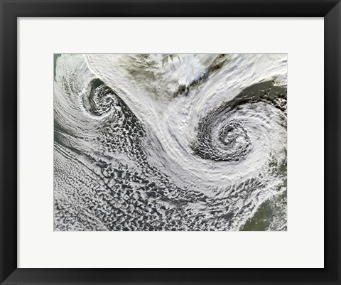 Framed Two Cyclones Formed in Tandem south of Iceland  Scotland Appears in the Lower right Print