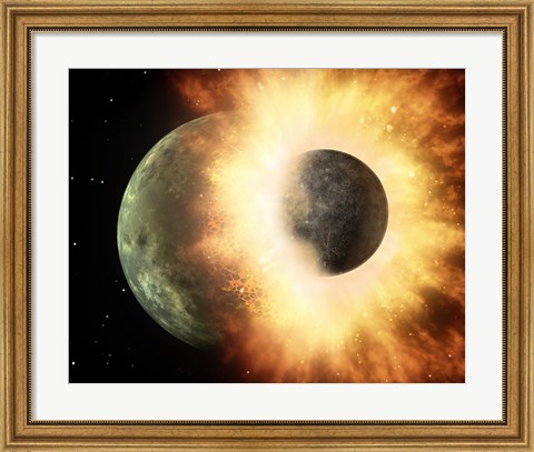 Framed Artist&#39;s Concept of a Celestial Body Colliding into a Planet Sized Body Print