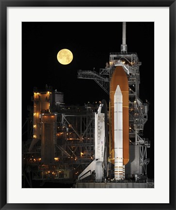 Framed Nearly full Moon Sets as Space Shuttle Discovery Sits Atop the Launch Pad Print