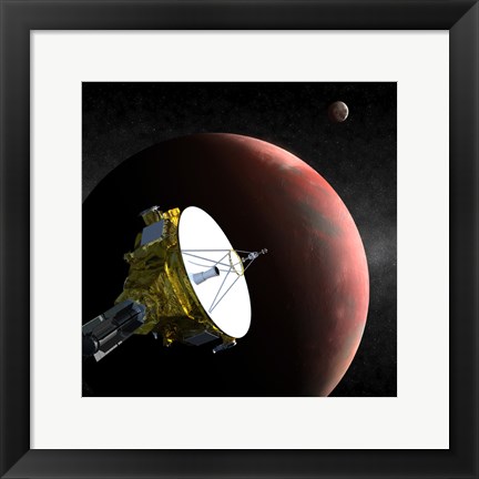 Framed Artist&#39;s Concept of the New Horizons Spacecraft as it Approaches Pluto and its Largest Moon, Charon Print