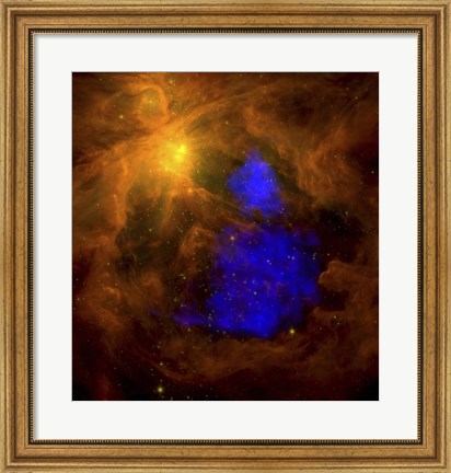 Framed Orion Nebula in the Infrared Overlaid with XMM-Newton X-Ray Data in Blue Print