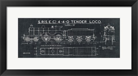 Framed Train Blueprint II Black Print