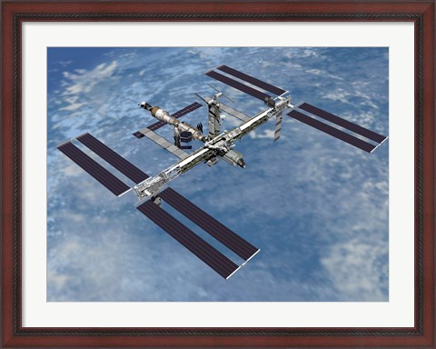 Framed Computer Generated view of the International Space Station against the Blue Sky Print