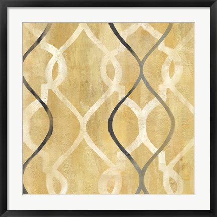 Framed Abstract Waves Black/Gold Tiles II Print