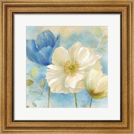 Framed Watercolor Poppies II (Blue/White) Print