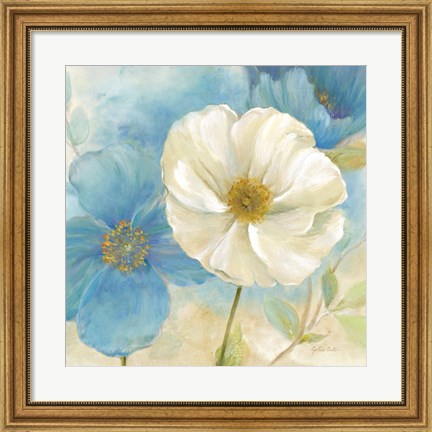 Framed Watercolor Poppies I (Blue/White) Print