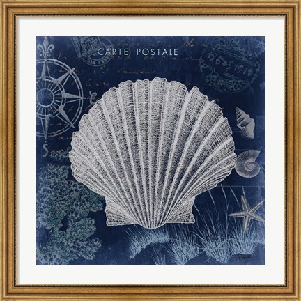 Framed Seaside Postcard Navy I Print