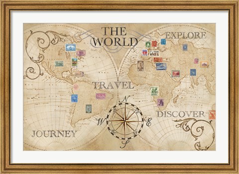 Framed Old World Journey Map Stamps Cream Print