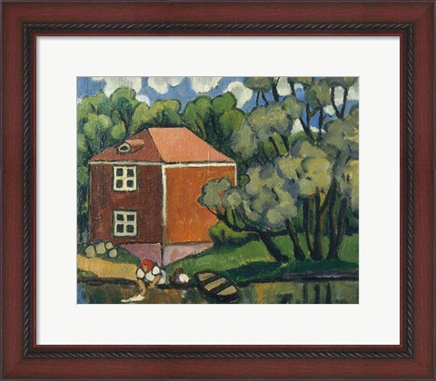 Framed Landscape With Red House And Woman Washing, 1908 Print