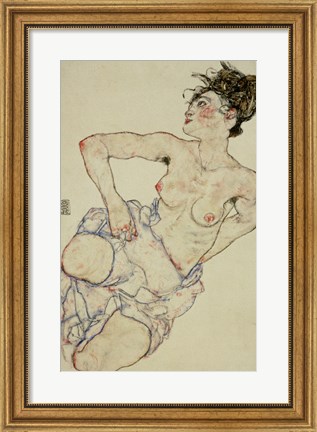 Framed Kneeling Female Semi-Nude, 1917 Print