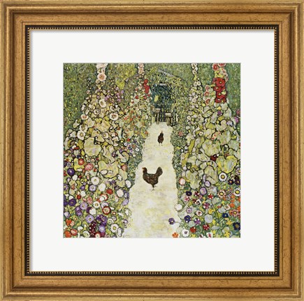 Framed Garden Path with Hens, 1916 Print