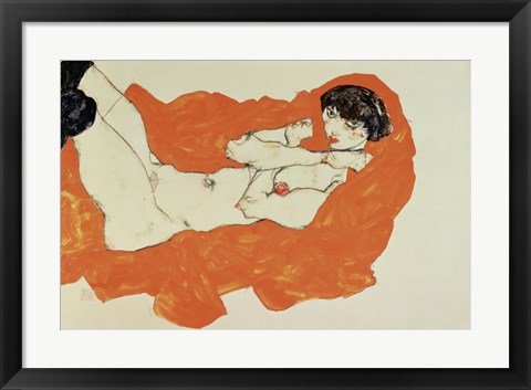 Framed Reclining Female Nude On Red Drape, 1914 Print