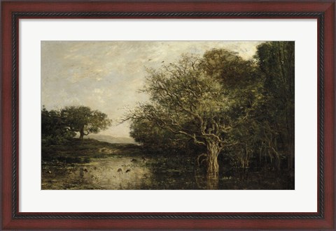 Framed Pond With Herons Print