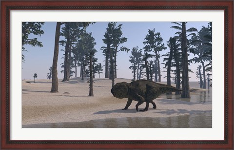 Framed Udanoceratops Walking Along Water Print