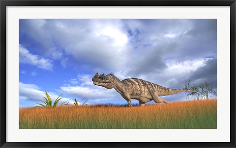 Framed Ceratosaurus Hunting in Prehistoric Grasslands Print