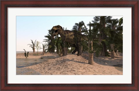 Framed Tyrannosaurus Rex Hunting in a Desert Environment Print