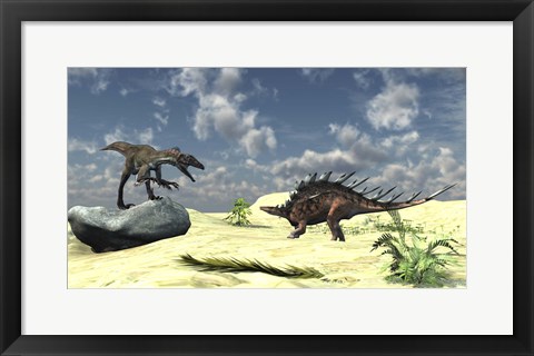 Framed Utahraptor and a Kentrosaurus Print