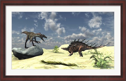 Framed Utahraptor and a Kentrosaurus Print