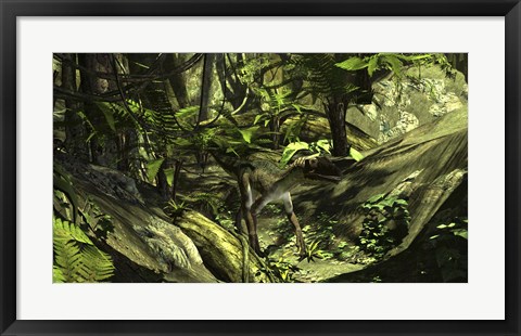 Framed Utahraptor in a Prehistoric Forest Print