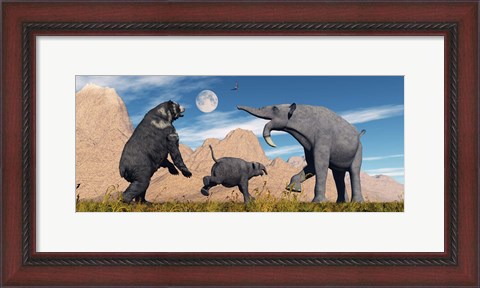 Framed Arctodus Bear Chasing Deinotherium Print