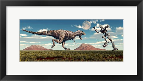 Framed Tyrannosaurus Rex Battling Robot Print