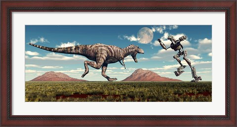 Framed Tyrannosaurus Rex Battling Robot Print