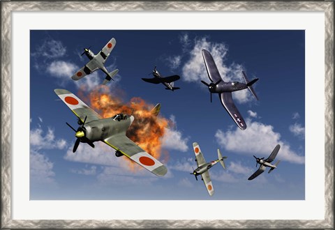 Framed F4U Corsair and Japanese Nakajima Planes Print