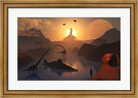 Framed City of Atlantis and Dinosaurs Print