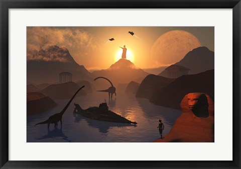 Framed City of Atlantis and Dinosaurs Print