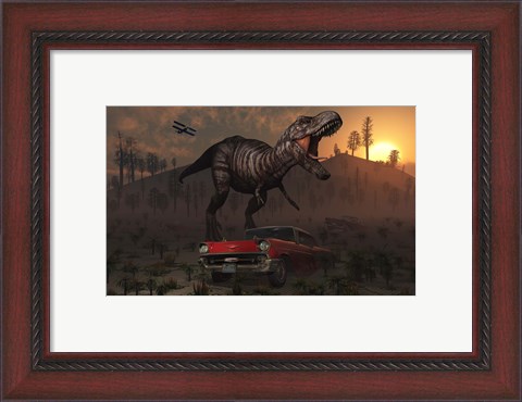 Framed Dinosaur and Classic Car Print