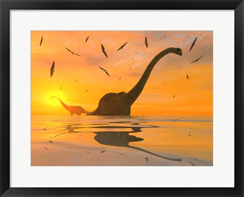 Framed Diplodocus Dinosaurs Bathe Print