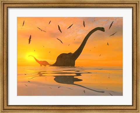 Framed Diplodocus Dinosaurs Bathe Print