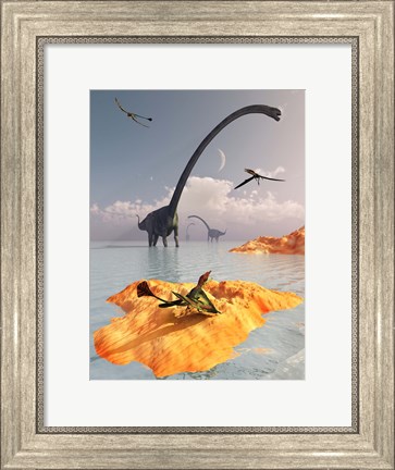 Framed Sauropod Omeisaurs and Flying Eudimorphodons Print