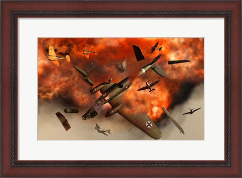 Framed German Heinkel Bomber Plane Exploding Print
